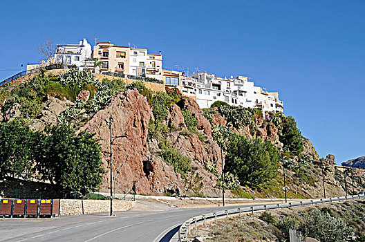 道路,房子,陡峭,山村,白色海岸,阿利坎特省,西班牙,欧洲