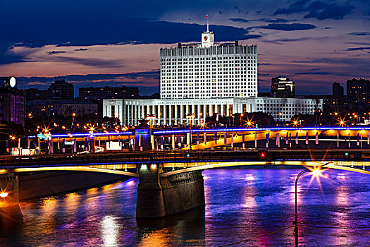 白宫,莫斯科河,堤,夜晚,俄罗斯