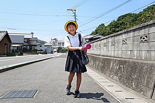 小学,女孩,走,途中