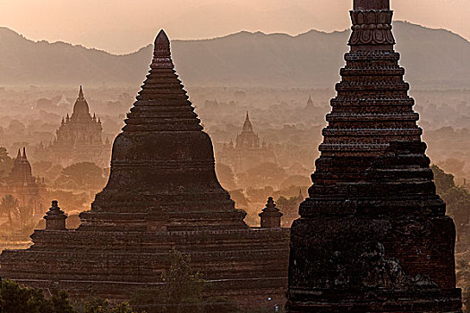 塔,地点,早晨,雾气,佛塔,寺庙,蒲甘,缅甸,亚洲