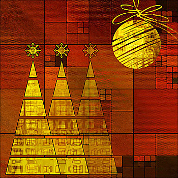 艺术,三个,圣诞树,球,金色,抽象,花,几何图形,黄金,红色,褐色,橙色背景