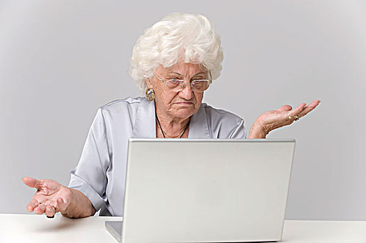 老人,女人,看,笔记本电脑