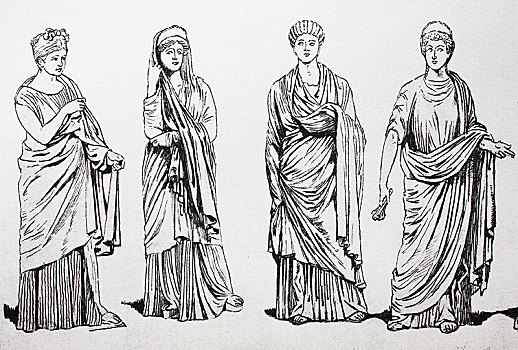 女性时装,古旧,罗马,女人,穿,木刻,意大利,欧洲