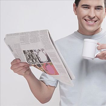 一个,男人,肖像,读,报纸,喝咖啡