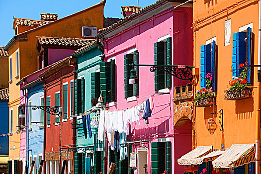彩色,连栋房屋,布拉诺岛,威尼斯,威尼托,意大利
