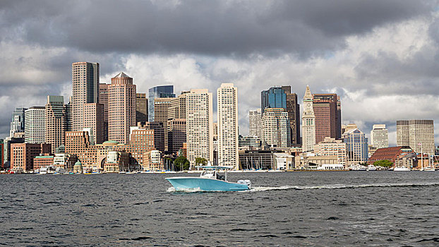 风景,天际线,波士顿,摩天大楼,正面,摩托艇,水道,马萨诸塞,美国,北美