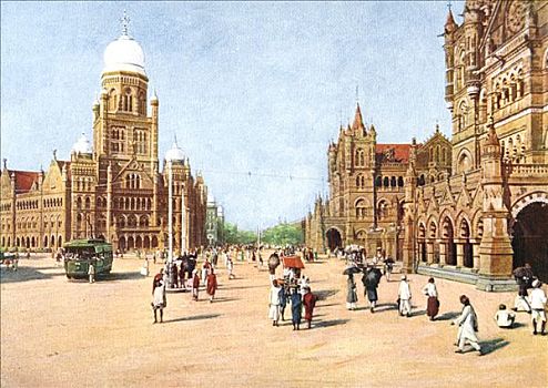 城市,办公室,维多利亚车站,孟买,印度,早,20世纪