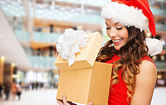 圣诞节,休假,庆贺,人,概念,微笑,女人,红裙,礼盒,上方,购物中心,背景