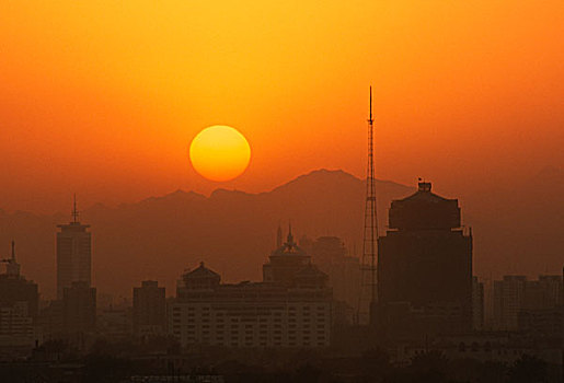 中国,北京,天际线,日落