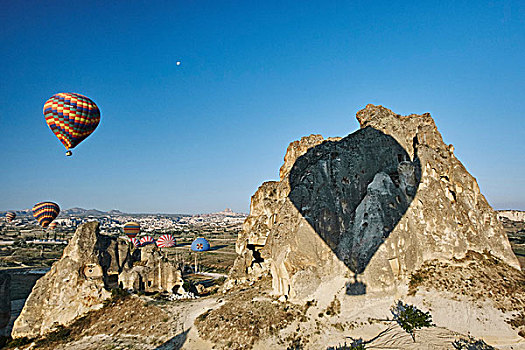 影子,热气球,岩石上,排列,卡帕多西亚,安纳托利亚,土耳其
