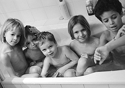 五个,孩子,坐,浴缸