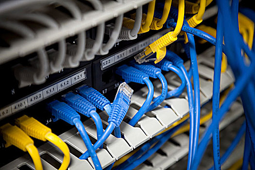 大,网络,联系,蓝色,黄色,线缆,聚焦
