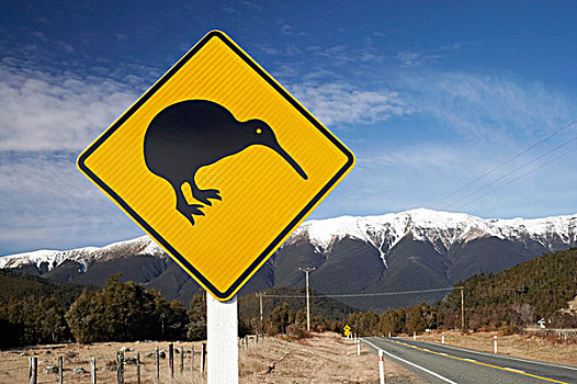 新西兰,南岛,纳尔逊,区域,几维鸟,警告标识,山脉,湖,国家公园