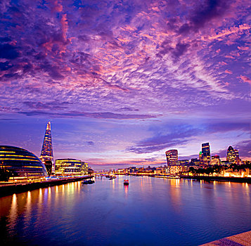 伦敦,天际线,日落,市政厅,金融,泰晤士河
