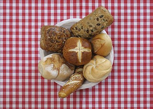 面包,面包筐,多样,红色,白色,方格,桌布