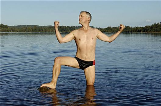 男人,站立,水中,肌肉,湖,上巴伐利亚,德国