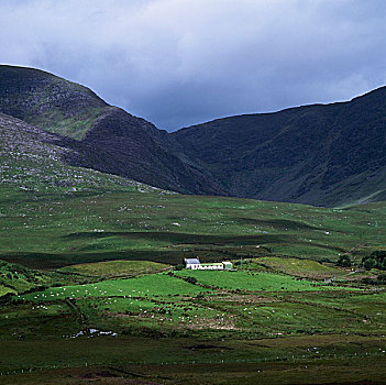 靠近,克俐环,爱尔兰,农舍,围绕,山峦,土地
