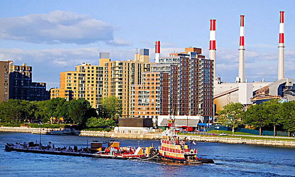 彩色,拖船,东河,纽约,电力,工厂,公寓楼,背景