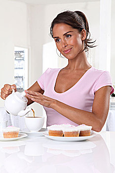 女人,茶,杯形糕饼