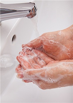 人,洗,牵手,水龙头,肥皂