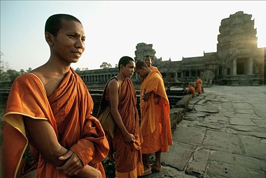 柬埔寨,吴哥窟,年轻,僧侣,石头,小路,庙宇
