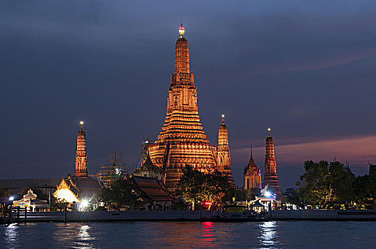 郑王庙,庙宇,黎明,湄南河,夜晚,曼谷,泰国