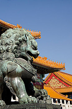 中国,北京,故宫,帝王,宫殿,明代,清朝,青铜,神话,狮子,雕塑,瓷砖,屋顶,远景