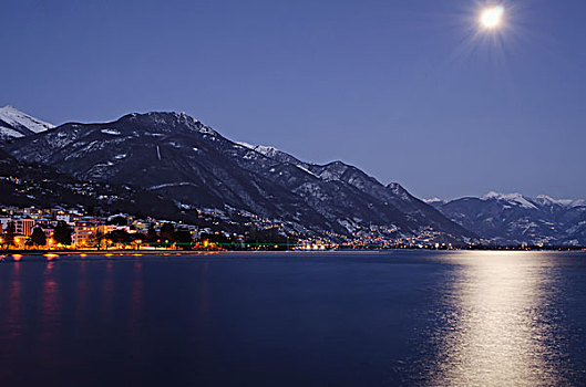 月光,反射,马焦雷湖,建筑,光亮,夜晚,海岸线,洛迦诺,瑞士,提契诺河