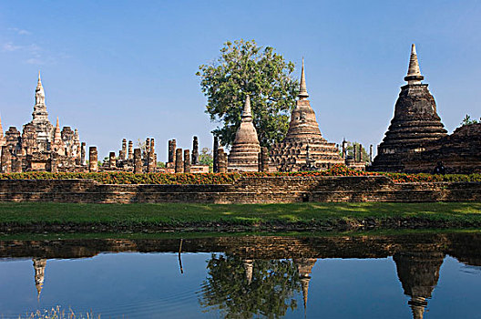 玛哈泰寺,庙宇,反射,水塘,素可泰,泰国,亚洲