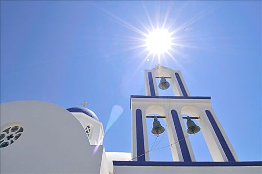 教堂,钟楼,太阳,正面,蓝天,米克诺斯岛,基克拉迪群岛,希腊,欧洲