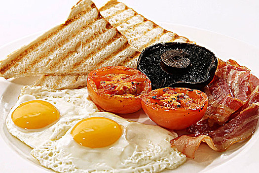 英国,早餐,煎鸡蛋,熏肉,西红柿,蘑菇,吐司