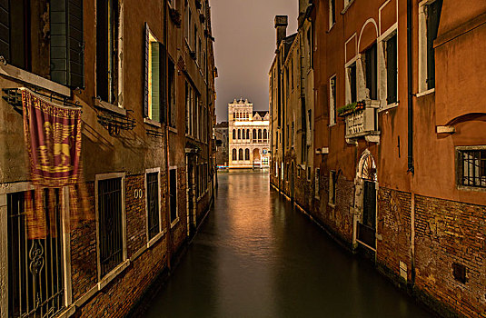老,排,房子,运河,夜晚,威尼斯,威尼托,意大利