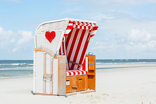 沙滩椅,红色,心形,海滩,安洪姆,北弗里西亚群岛,石荷州,德国,欧洲