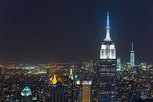 俯拍,城市,曼哈顿中城,帝国大厦,夜晚,纽约,美国