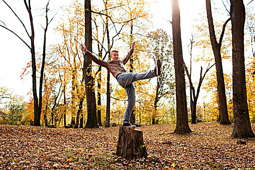 少男,平衡性,树桩,秋日树林