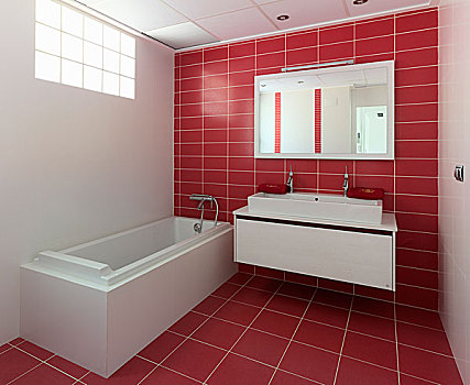 盥洗池,靠近,浴缸,现代,红色,浴室