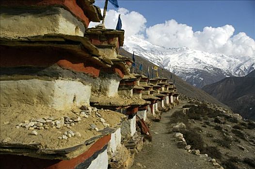 长,排,涂绘,红色,黑白,寺院,喇嘛寺,安娜普纳地区,尼泊尔