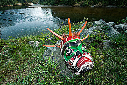 土著,面具,堤岸,河,山谷,温哥华岛,不列颠哥伦比亚省,加拿大