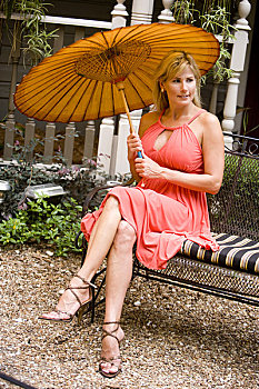 女人,伞,坐,花园,内庭