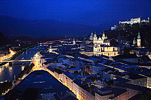 奥地利,萨尔茨堡,老城,天际线,城堡,夜晚,全景