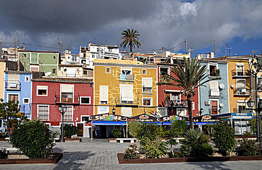 彩色,房子,白色海岸,西班牙,欧洲