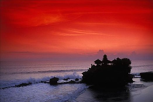 印度尼西亚,巴厘岛,庙宇,剪影,日落,红色天空