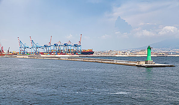 港口,那不勒斯,沿岸,城市,货箱,起重机,绿色,灯塔,码头