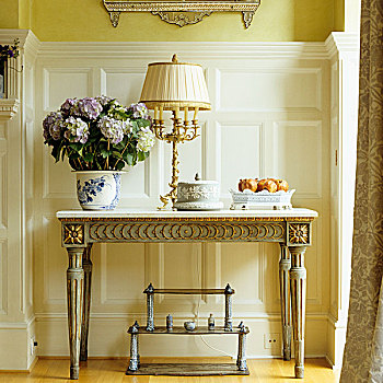 花盆,台灯,老式,桌子,镀金,雕刻,装饰,白色,木护墙板