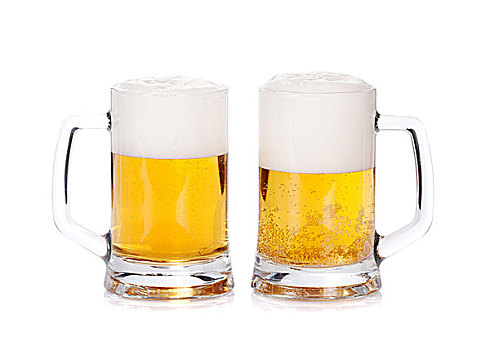 两个,啤酒杯,隔绝,白色背景