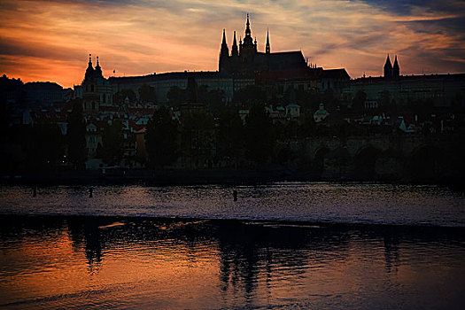 布拉格城堡,剪影,日落,亮光,捷克共和国
