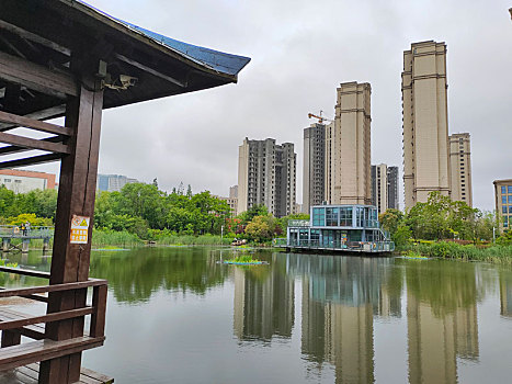 山东省日照市,大雨过后的公园水面如镜,市民悠闲垂钓乐享周末