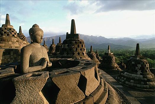 印度尼西亚,爪哇,佛像,婆罗浮屠,山峦,背景