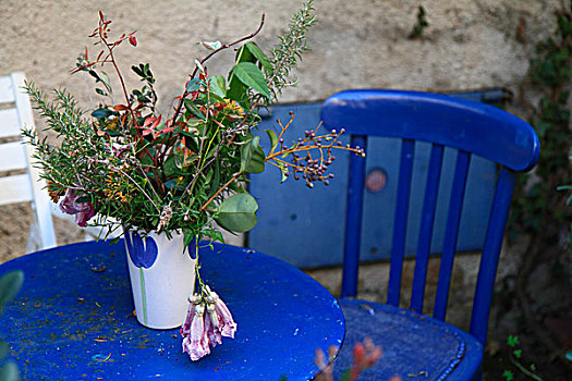 花瓶,蓝色,桌子,乡村,帽,滨海阿尔卑斯省,法国南部,地中海,法国,欧洲