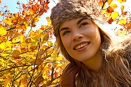 美女,裘皮帽,秋天,公园